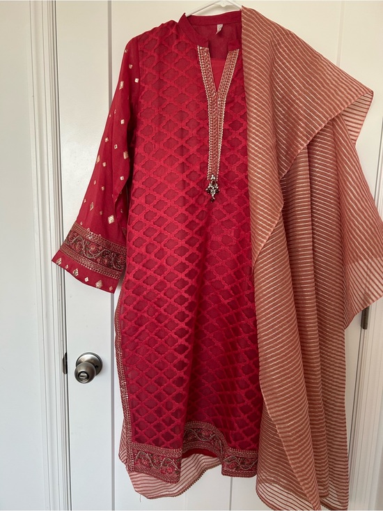 Dresses & Skirts - Embroidered Red Kurta Set with Striped dupatta
